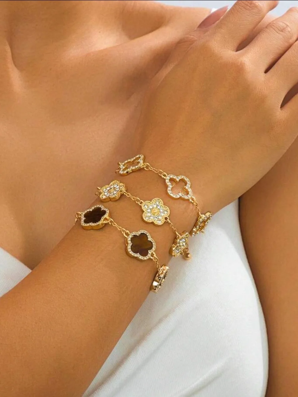 3 Piece Set Luxurious High End Gold Clover Link Bracelet with Rhinestone Accents